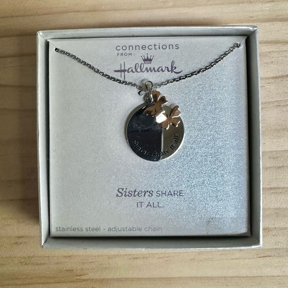 Hallmark Stainless Steel “Sisters Share It All” Necklace with Butterfly Charm